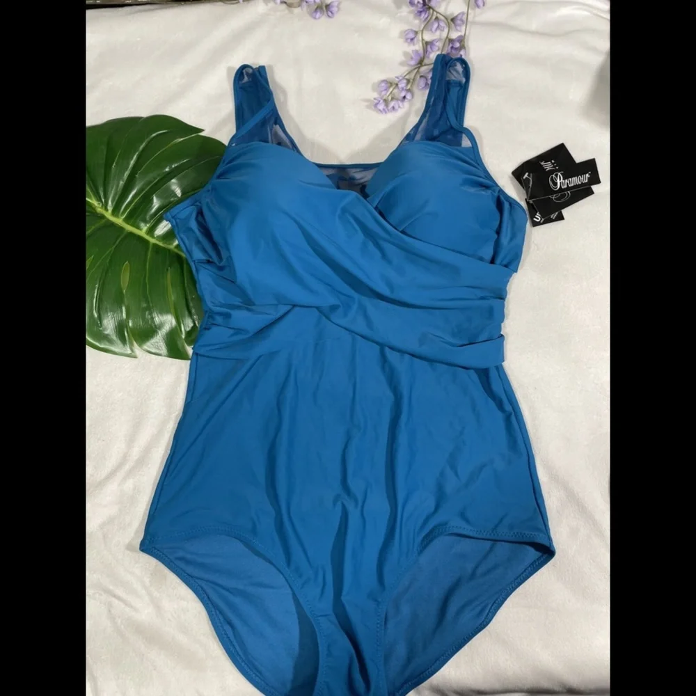 NWT Paramour Ruched Illusion Mesh‎ One-Piece Swimsuit in Blue [SZ 0X ]